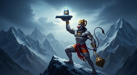 Hanuman holding Shiva Lingam atop snowy mountains Hindu god 1 © Graphic Ornaments