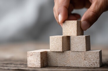 A hand places a wooden block on top of a growing stack of similar blocks