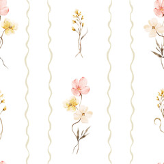 Seamless pattern with meadow flowers and whimsical vertical stripes. Hand-drawn floral field illustration. Botanical background for fabric, textiles, wrapping, packaging and romantic stationery design