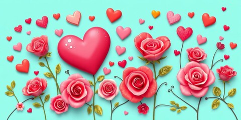Whimsical colorful hearts, roses, and romantic symbols in a playful design, joy, creative