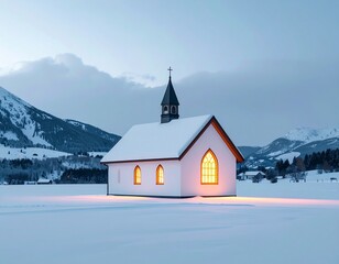 Small chapel in snowy landscape, warm light from windows, peaceful atmosphere, ultra realistic, 8K
