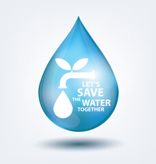 Blue shiny water drop. Save water concept. Vector illustration.