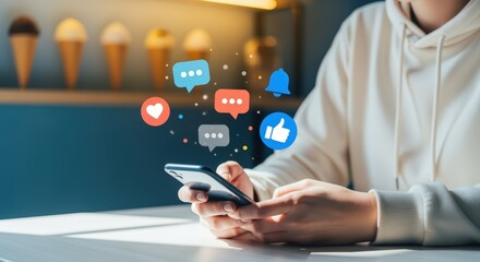 Social Media Engagement Concept: Person Using Smartphone with Floating Icons and Ice Cream Shop