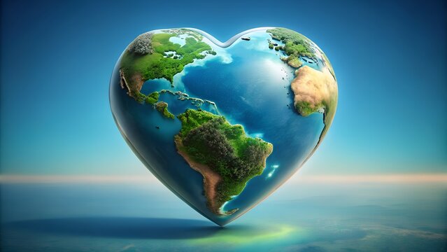 Heartshaped earth floating in a serene environment symbolizes global love, environmental care, and the planets beauty