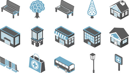 Isometric view of city elements including buildings benches and trees with a bus and a medical bag