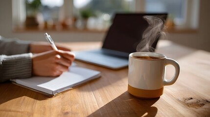 Cozy workspace with laptop notebook and coffee