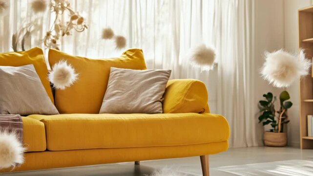 Cozy Yellow Sofa in Living Room Fluffy Particles and Allergy Awareness for Comfortable Home Interior