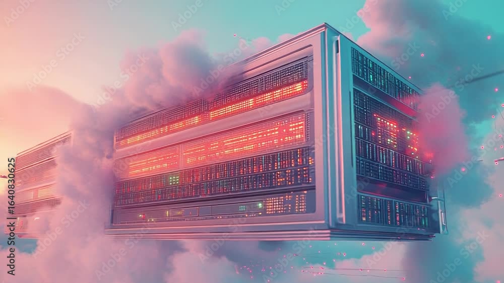 Poster futuristic server floating in the clouds during sunset, cloud computing concept