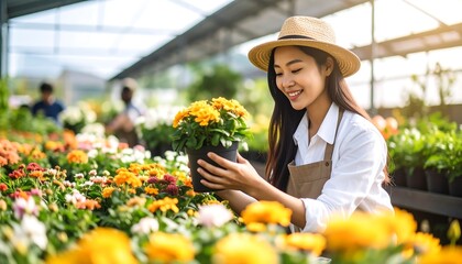 Smiling woman tending vibrant yellow flowers in a greenhouse