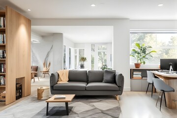 Elegant home office with modern grey sofa and natural light for a productive and comfortable work environment
