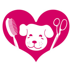 Dog face in red heart silhouette and scissors comb. Design for grooming salon