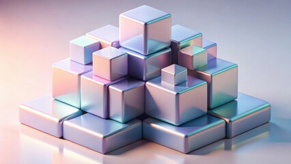 Obraz premium Iridescent cubes stacked in a geometric pyramid shape with soft lighting