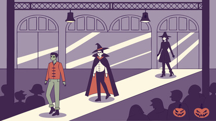 Halloween fashion show featuring a zombie a vampire and a witch walking a runway with an audience watching