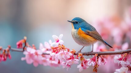 Obraz premium Vibrant Bird Perched on Flowering Branch: Springtime Beauty and Avian Elegance in Natural Light
