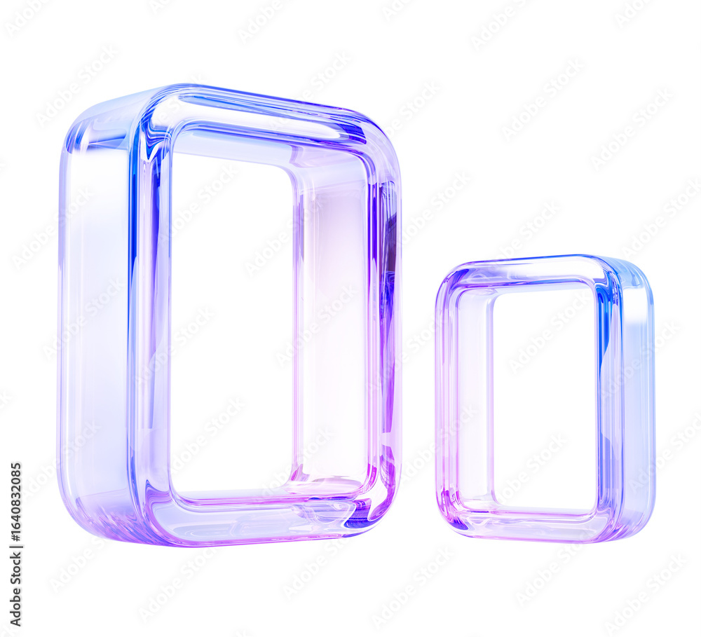 Poster 3d glass holographic transparent frame render set. rectangle and square shape crystal border angle v
