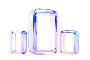 3d glass holographic transparent rectangle and square frames on abstract geometric background. Crystal outline figures with rainbow color effect, neon light blue pink gradient render