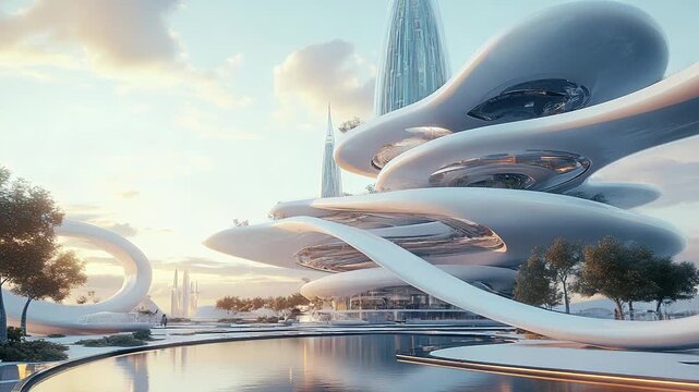 Futuristic white skyscrapers rising in a lush green city park
