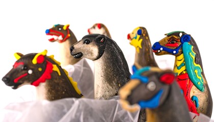Colorful stylized animal figurines, possibly hand-crafted, arranged in a row