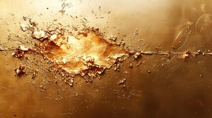 Abstract golden metal surface with textured, blistered, damaged spot