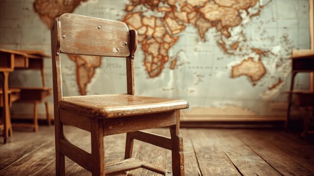 Vintage Schoolroom Scene with Empty Wooden Desk and World Map, Nostalgic Education Concept