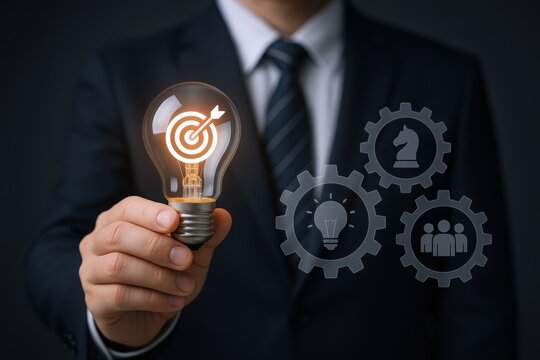Business Strategy and Innovation: Businessman Holding Light Bulb with Target, Gears, and Chess Knight Icons