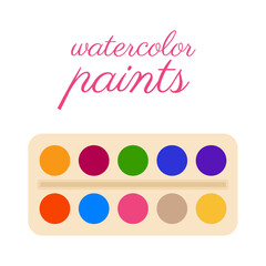 Palette with watercolor paints isolated on white or transparent background. Vector illustration. Drawing accessories. Close-up element for school design decoration.