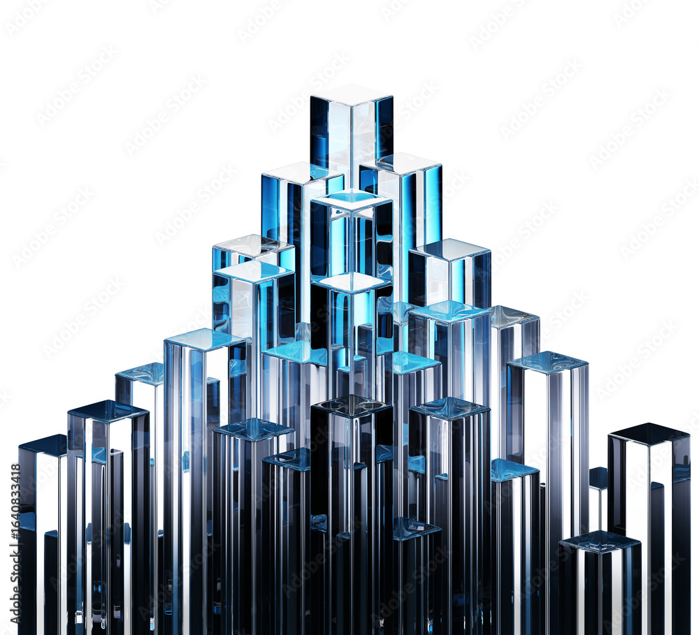 Poster 3d glass transparent rectangle pillars on dark blue background. crystal mountain top of iridescent c