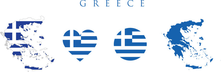 Greece flag and map set. Greece flag in official colours and proportions. independence day 25 March, map, circle and heart shaped Greece.