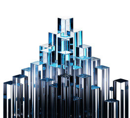 3d glass transparent rectangle pillars on dark blue background. Crystal mountain top of iridescent columns with light refraction on black bg render. Abstract clear cube block pattern