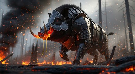 Epic armored boar warrior amidst fiery ruins, a powerful fantasy creature ready for your next campaign or design, oozing with magical energy and strength