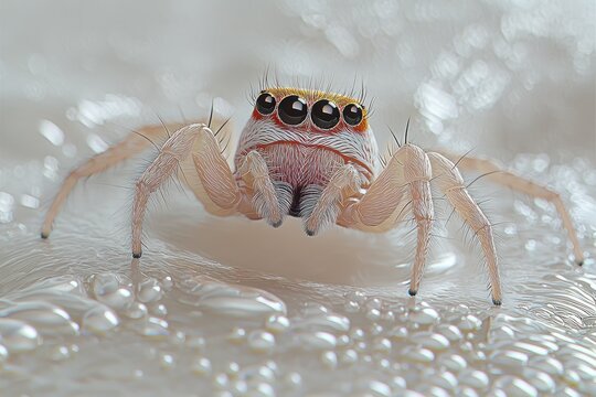 Adorable small jumping spider with big eyes on a textured, white surface