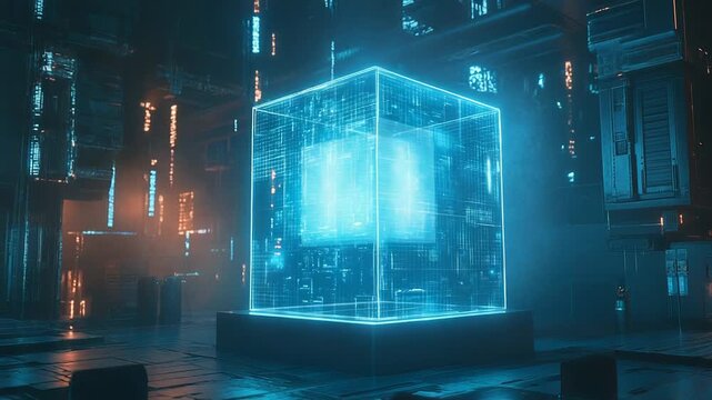 Glowing cube displaying futuristic technology in digital environment
