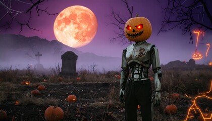 Cyborg with a pumpkin head in a spooky graveyard on Halloween night