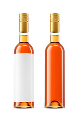 Two 500ml bottles of amber color alcohol, whisky, brandy, cognac isolated. 3D rendering illustration. Transparent PNG image.