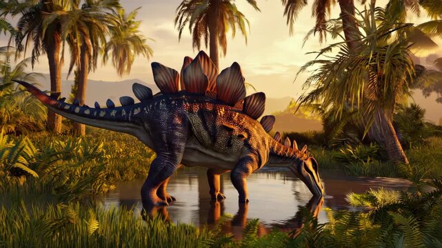 Stegosaurus in the jungle drink in the pond drin at sunset
