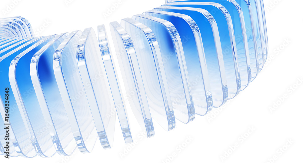 Poster 3d light blue background with row of glass transparent square plates. abstract curve wave line patte