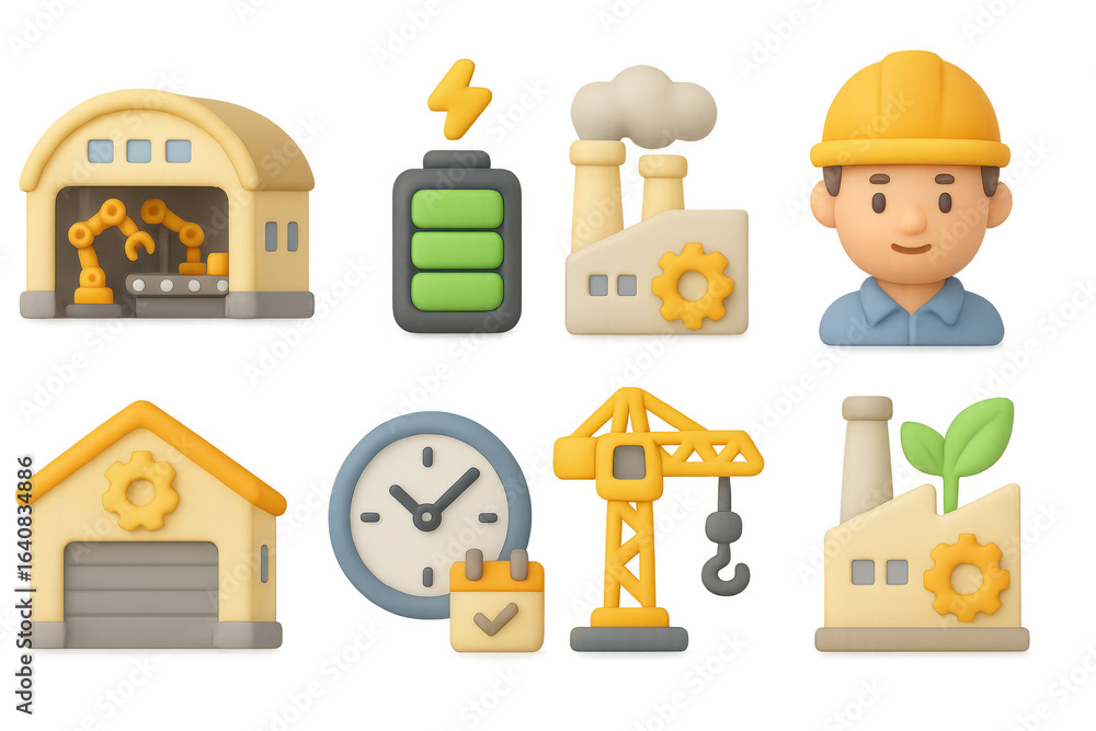 Poster industrial icons set featuring factory elements and worker in 3d style