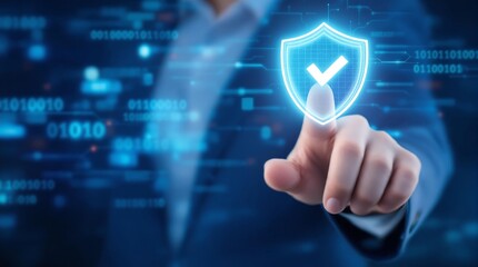 Cyber security concept businessman touching shield icon digital data protection online