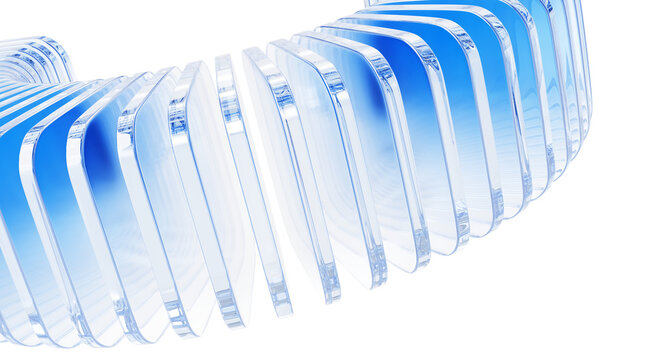 3d light blue background with row of glass transparent square plates. Abstract curve wave line pattern. Crystal array of geometric block shapes render. Futuristic design digital tech