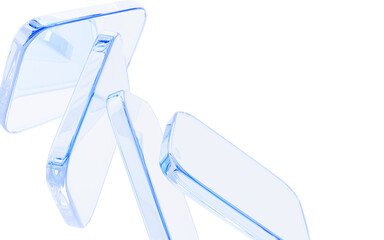 3d glass transparent square shapes on light blue background. Abstract geometric clear blocks, crystal glossy plates with gradient texture, render digital graphic design tech banner