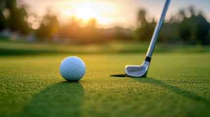 Golf ball on green near putter at sunset.