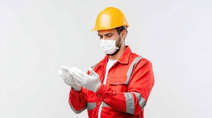 factory worker sanitizing hands before shift, hygiene and safety routine, white background
