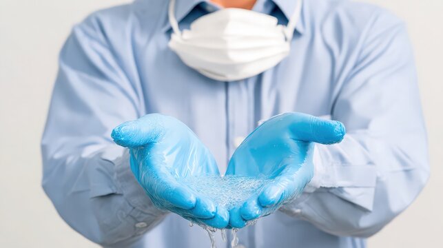factory worker sanitizing hands before shift, hygiene and safety routine, white background