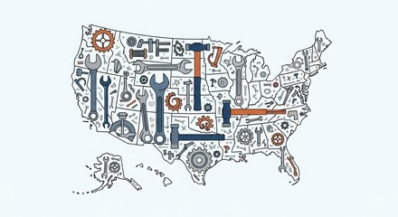 Hand-drawn map of United States with landmarks