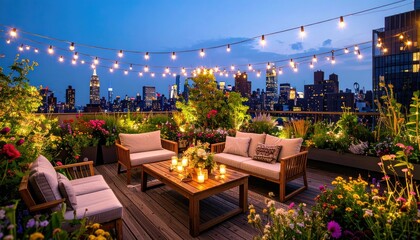 A rooftop deck at dusk, furnished with wooden furniture, lit by string lights, and filled with plants, overlooking a cityscape.