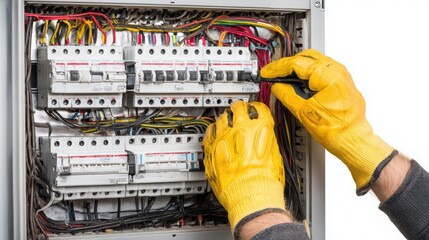 electrical safety inspection by technician in gloves, testing panel, isolated on white