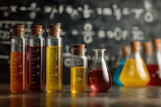 Colorful liquid-filled test tubes and flasks on a dark surface, set against a chalkboard background covered in mathematical equations