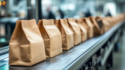 Rows of brown paper bags moving on a conveyor belt in a food processing plant.