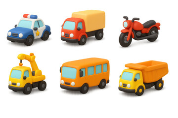 Fototapeta premium Cute plasticine vehicles: police car, truck, motorcycle, crane, bus, dump truck