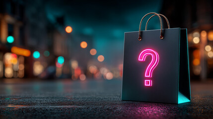 A black paper bag with a neon pink question mark on it stands on a wet street at night.
